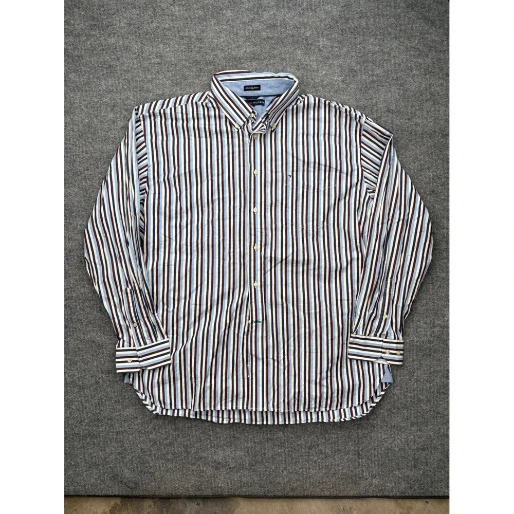 Tommy Hilfiger Men‎ XL Striped Button Down Shirt Blue Burgundy 80s 2-Ply Cotton